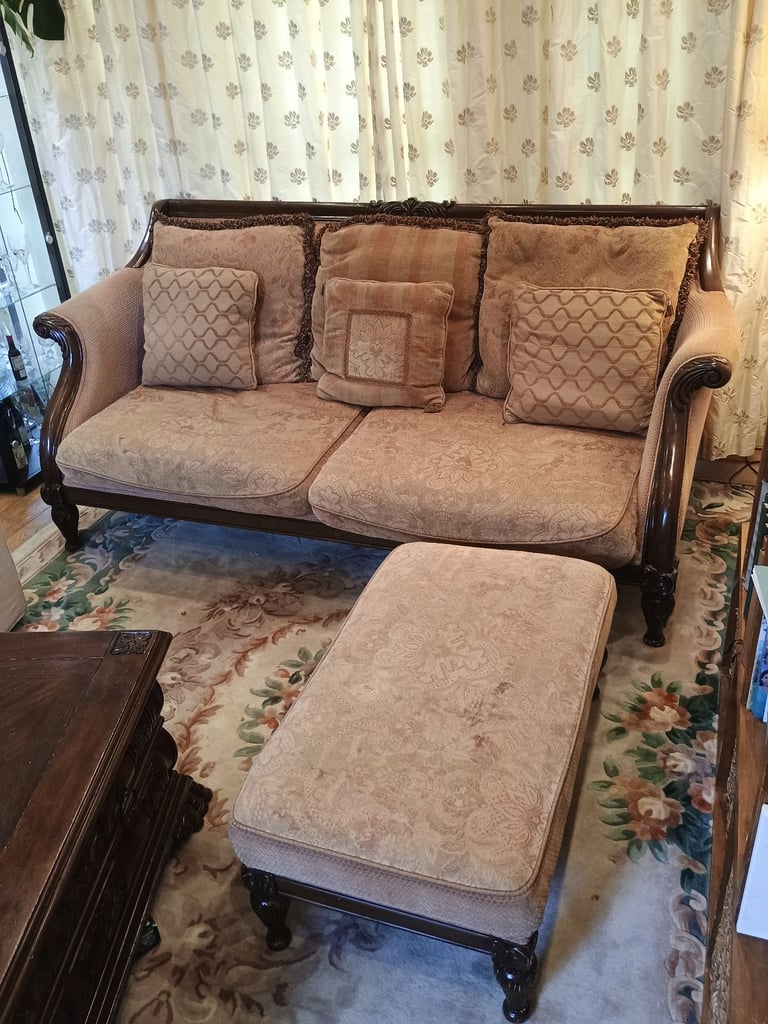 image for Beige antique-style upholstered 3 seater sofa with matching ottoman