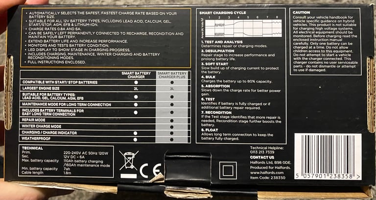 Boxed As New Halfords Advanced Smart Battery Charger for up to 3 Litre Engines Car Van Campervan