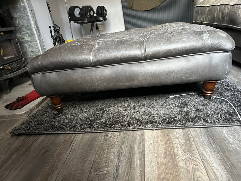 Grey leather chesterfield footstool
