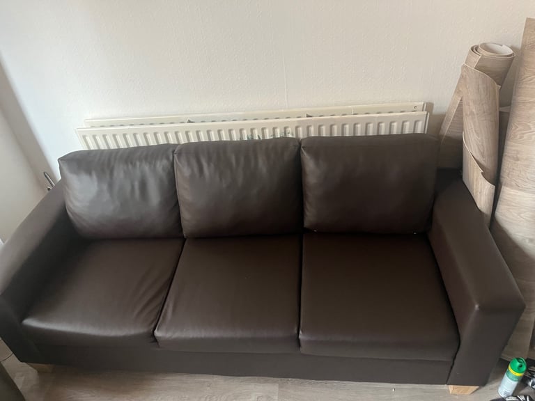Modern Dark Brown Faux Leather 3-Seater Sofa – Excellent Condition