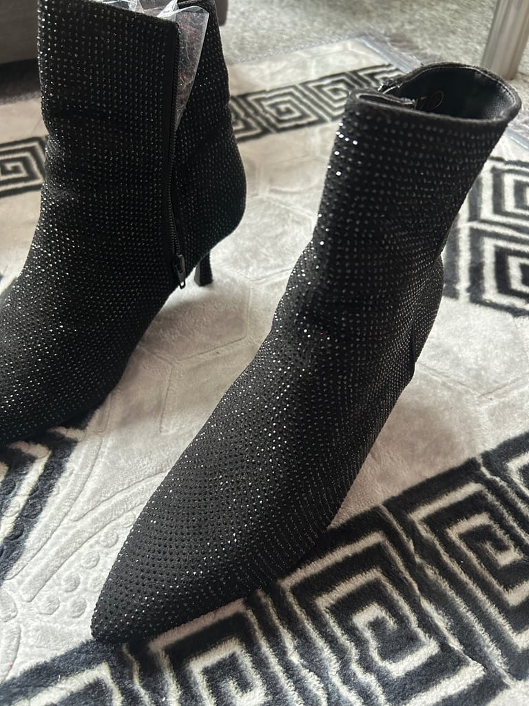 QUIZ Black Diamanté Heeled Ankle Boots