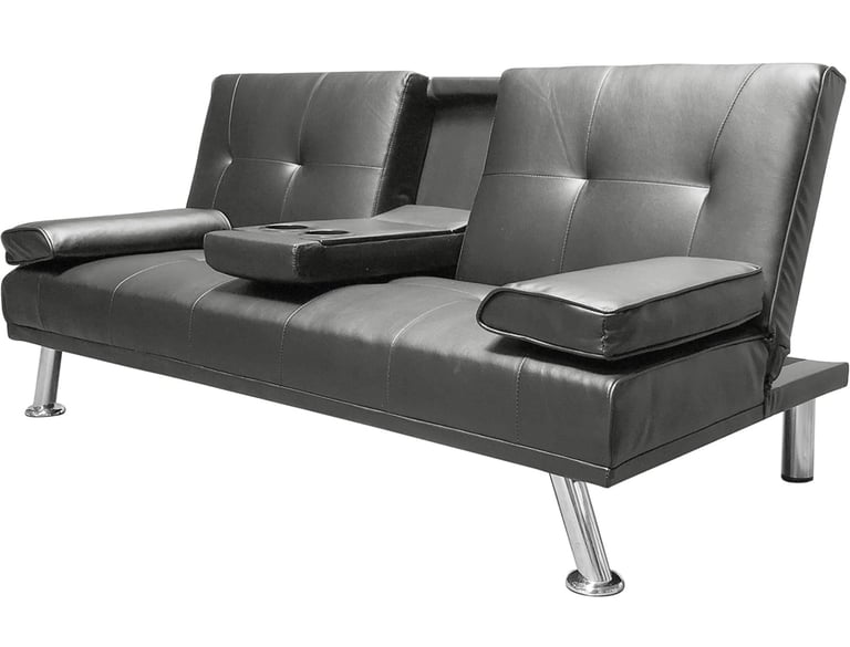Faux Leather Folding Sofa Bed With Cup Holders Cinema Style (Grey)