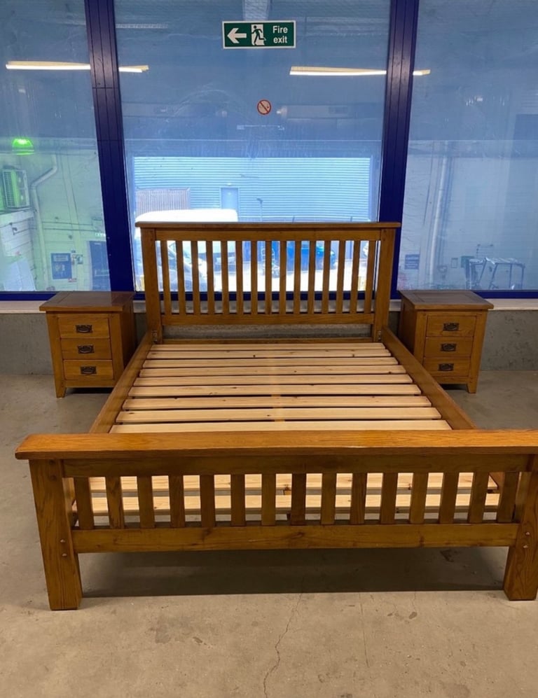 image for Solid Oak King Size Bed with Bedsides, Mirror and Tall Boy Chest of Drawers