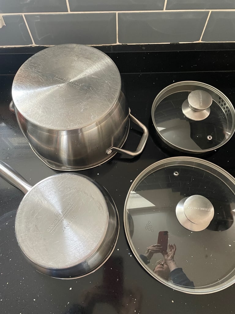 4 Pots & Pans. 3 Saucepans, 1 Stock Pot.  Stainless Steel. Oven/hob/gas/electric/induction safe.