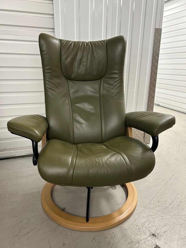 Ekornes Stressless Medium Signature Wing Dark Olive Leather Chairs & Footstool