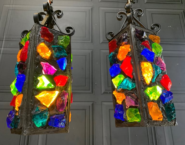 SOLD Pair of Vintage Mid Century Peter Marsh Leaded Rock Glass & Wrought Iron Lantern Lamps 50s 70s