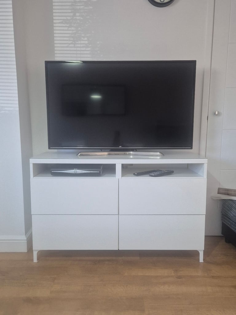 image for Ikea Besta Sideboard / TV Unit. Gloss White Drawers. Glass Top (White old Style)