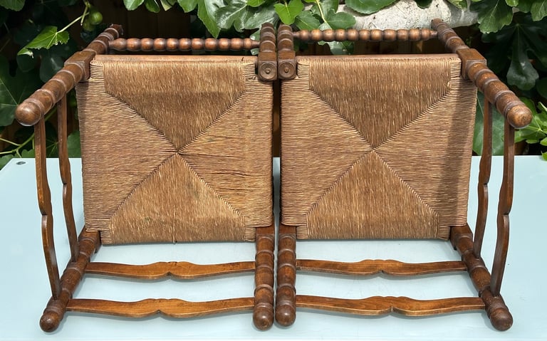 VINTAGE FRENCH BOBBIN LEG CHAIRS, CORNER CHAIRS, RUSH SEAT, H74cm - 1900s ARTS & CRAFTS - WILL POST!