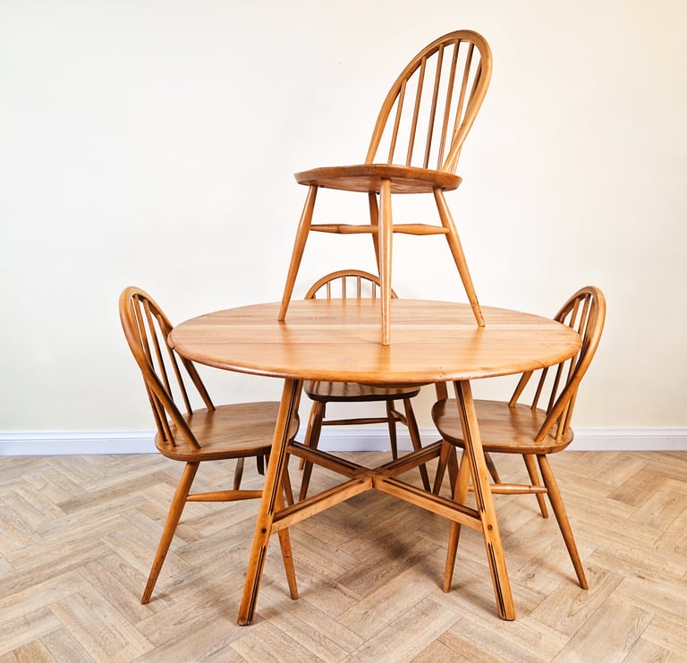 Ercol Windsor Vintage Mid Century Solid Elm Danish Design Drop Leaf Table and Chair Set