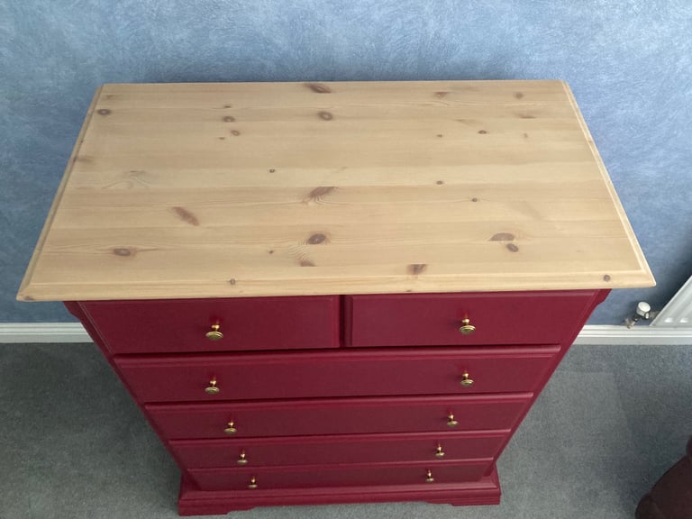 Refinished Pine/Burgundy Chest Of Drawers 
