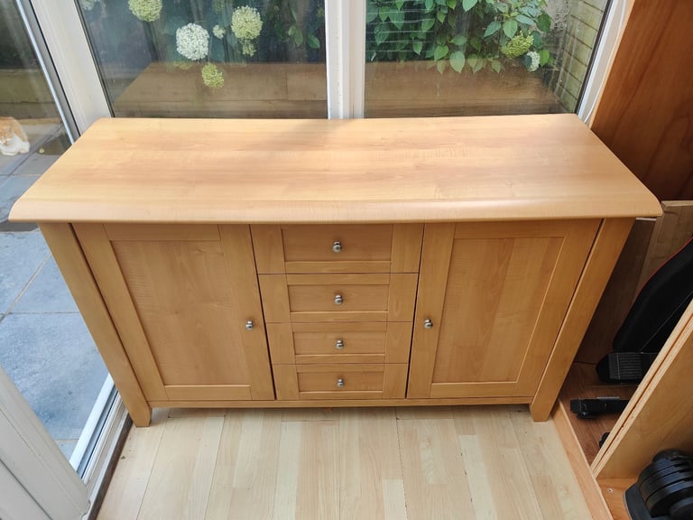 Solid Wood, Oak Veneer Sideboard - Two Cabinets, Four Drawers