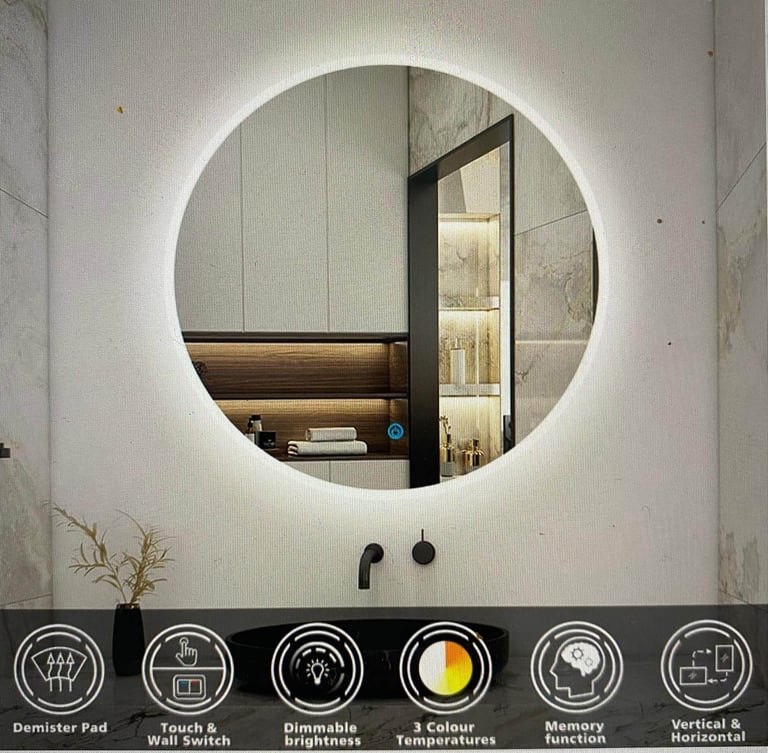 image for BRAND NEW IN BOX 60cm round illuminated bathroom mirror
