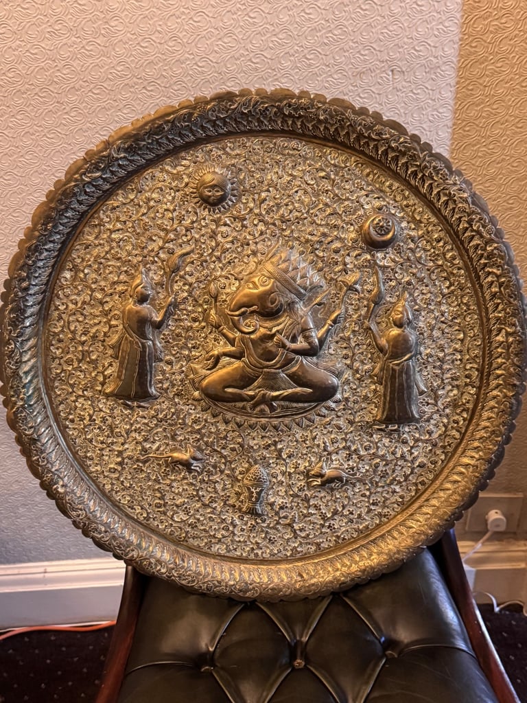 image for Large Round Brass Hindu Decorative Tray from India