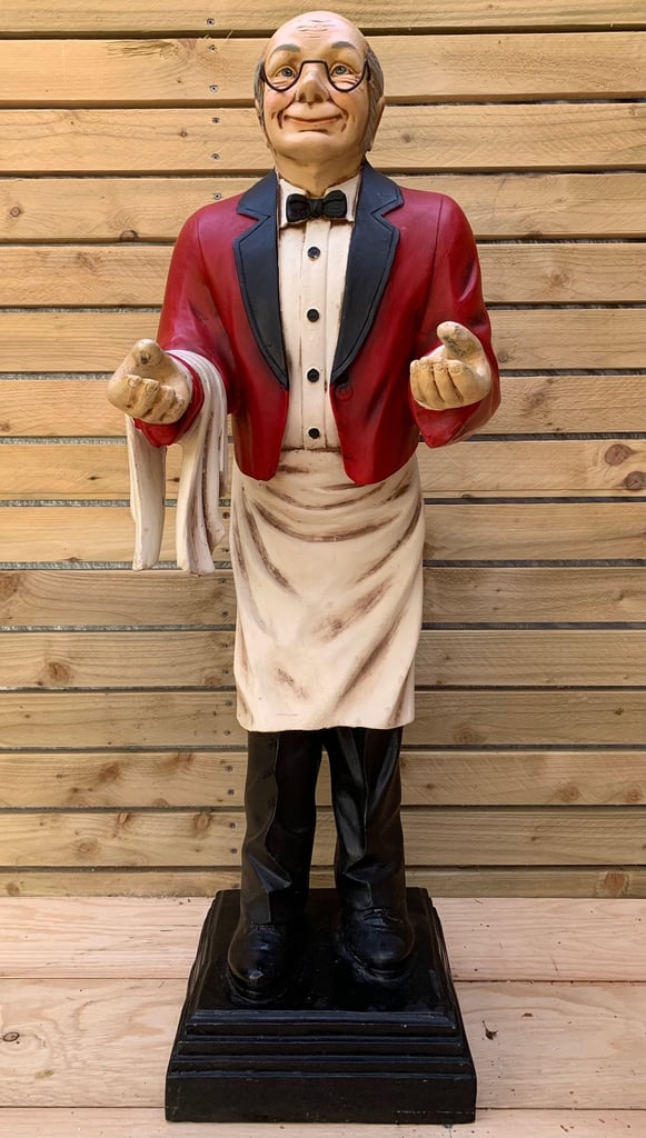 SOLD Vintage Old Man Waiter / Butler Fibreglass Restaurant or Retail Shop Display Figurine Stature
