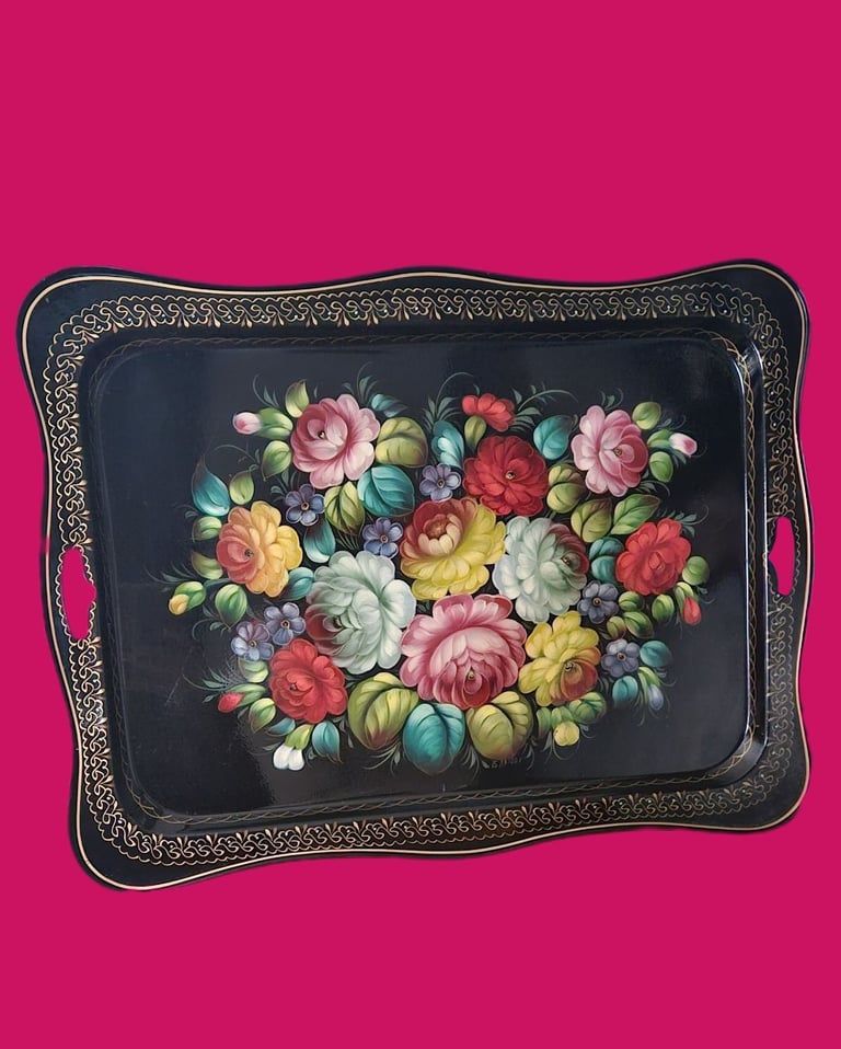 image for Large Zhostovo Hand-Painted Metal Tray – Signed by Artist Vlasova | Authentic Russian Folk Art
