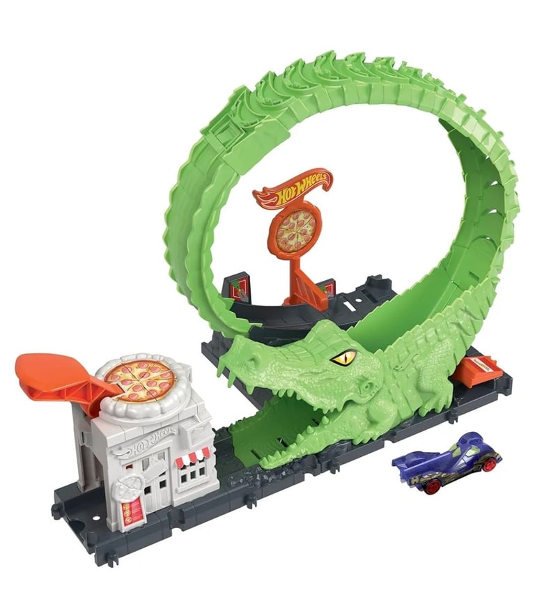 Hot Wheels Track Set, Adjustable Track that Connects to Other Sets, Gator Loop Pizza Place Playset