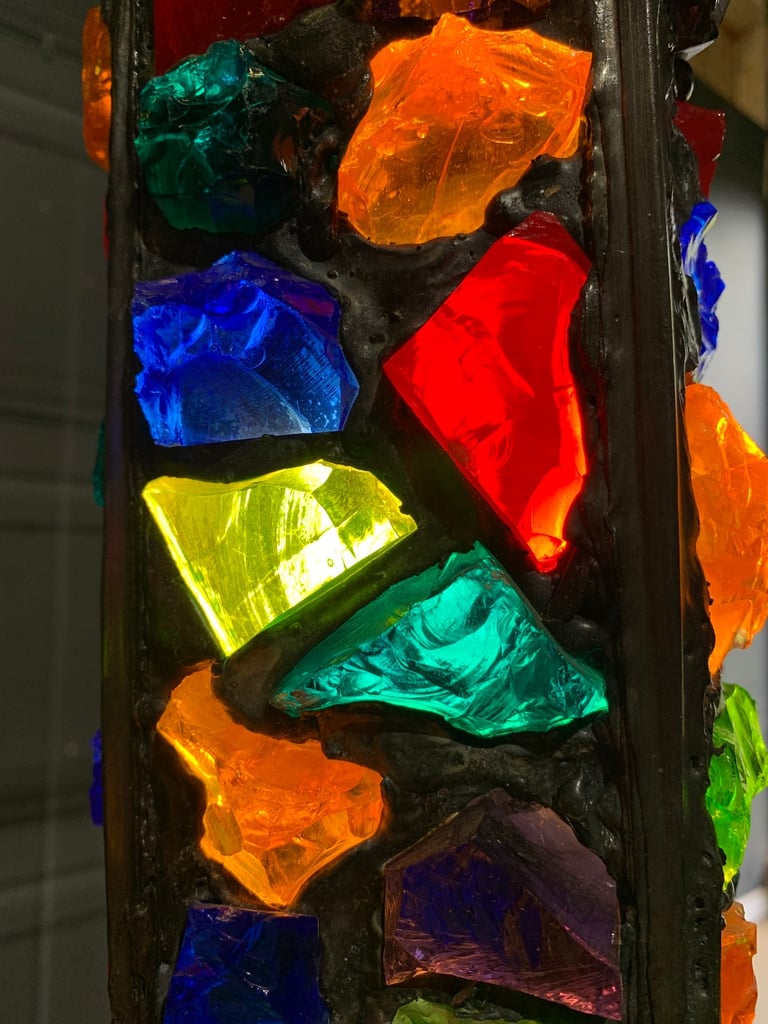 SOLD Pair of Vintage Mid Century Peter Marsh Leaded Rock Glass & Wrought Iron Lantern Lamps 50s 70s