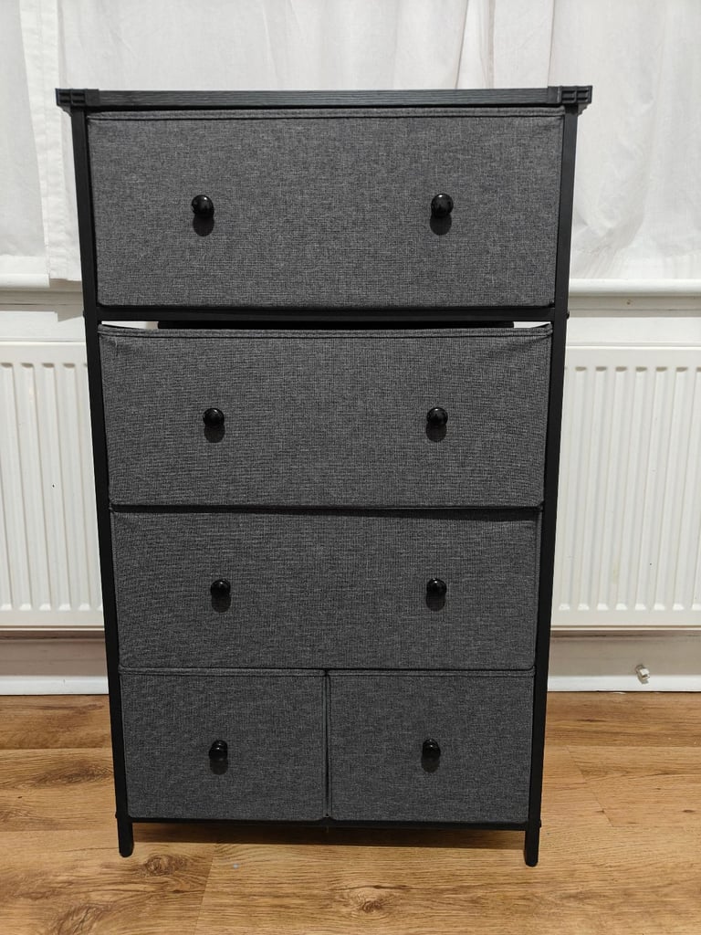 image for Fabric 5-Drawer Storage Organiser Unit, Dresser, Grey and Black with Wood Grain