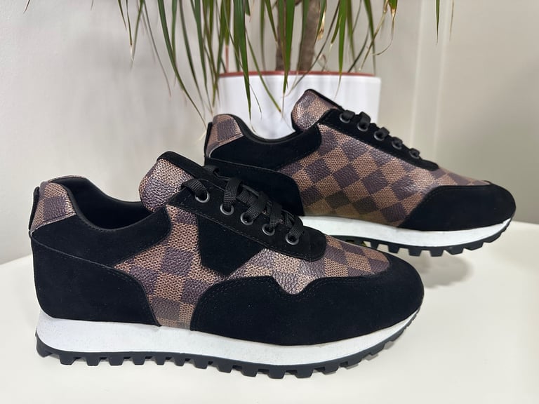 Men’s sports checkered trainers - Black white grey brown off white beige - All sizes UK 7 to UK 11