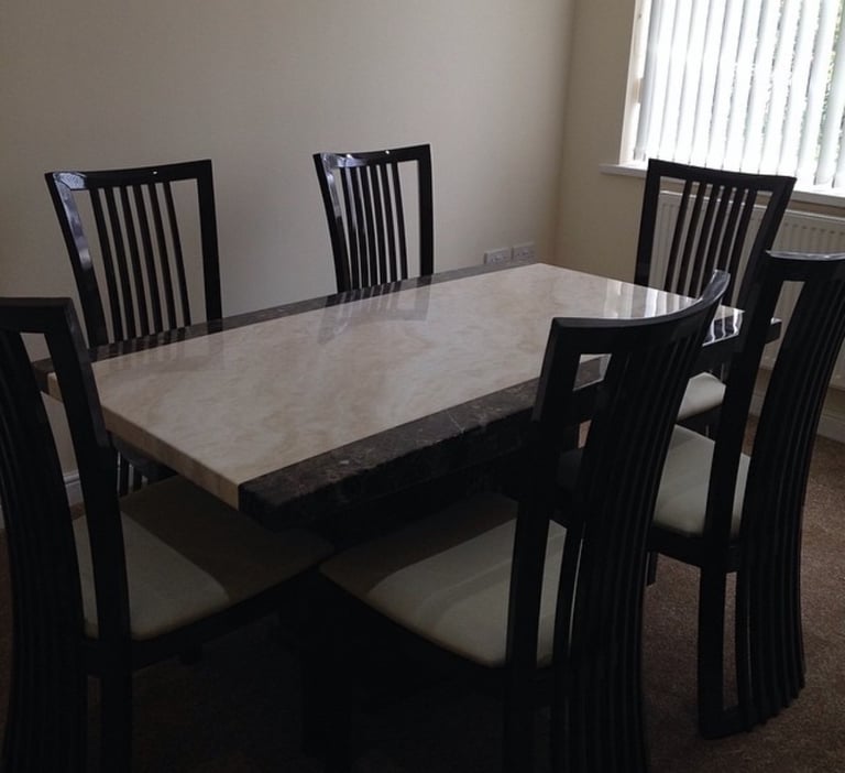 image for  Elegant marble table with 6 high back chairs 