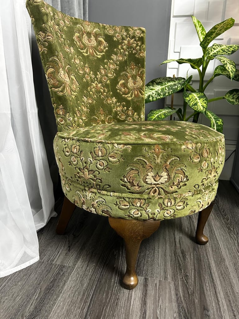 image for Vintage green upholstered chair with a brocade floral pattern 🍀 