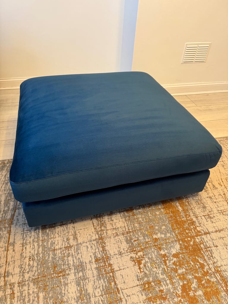 Plush Velvet Dark Blue Pillow Back 3 Seater Sofa, Large Dark Blue Footstool and Orange Accent Chair