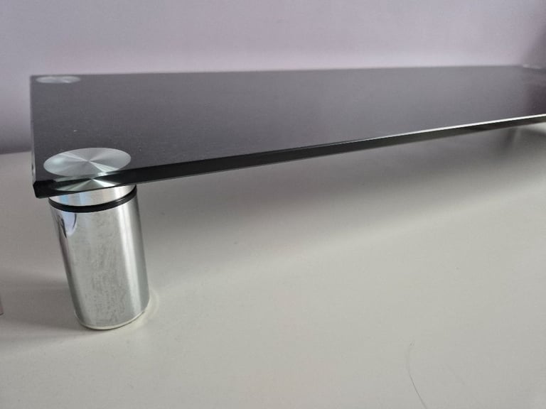 Monitor or TV stand riser - black glass with chrome legs - 80cm wide x 26cm deep x nearly 9cm tall