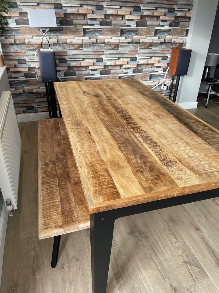 image for Solid wood dining table, bench and 4 chairs 