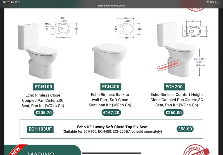 Desire bathrooms, vanity, basin, WC unit, BTW pan , seat, cistern, mixer &waste anthracite or white