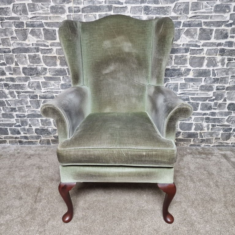 Parker Knoll Wingback Armchair – Green Velvet Upholstery
