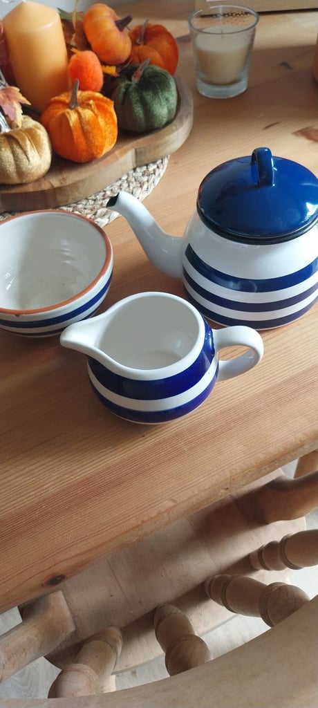 image for Enamal teapot with jug sugar bowl 
