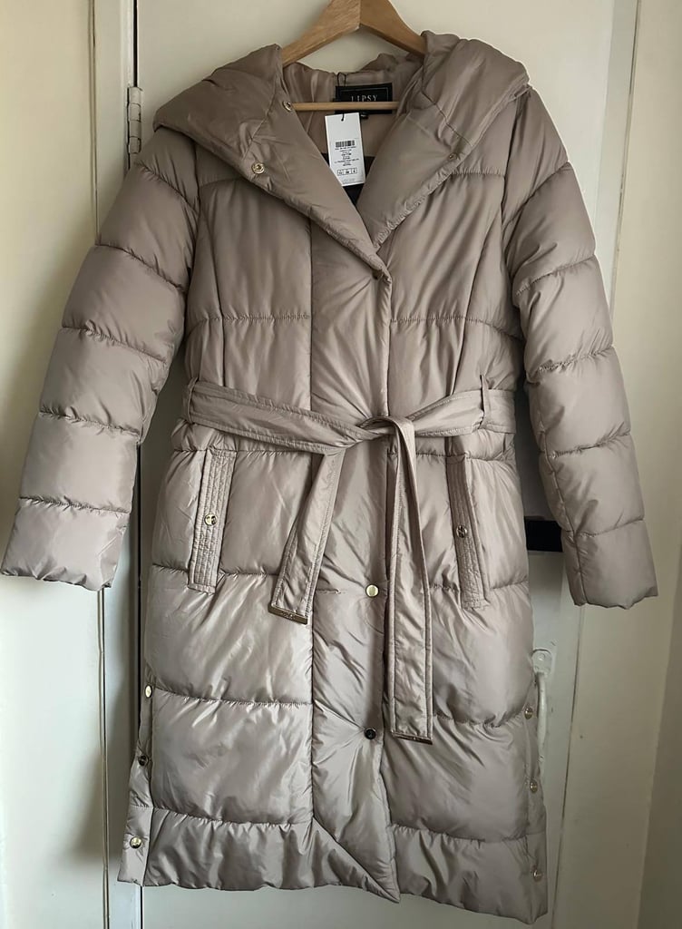 New Lipsy Women's Puffer Beige Hooded Coat with tag and belt - size 10