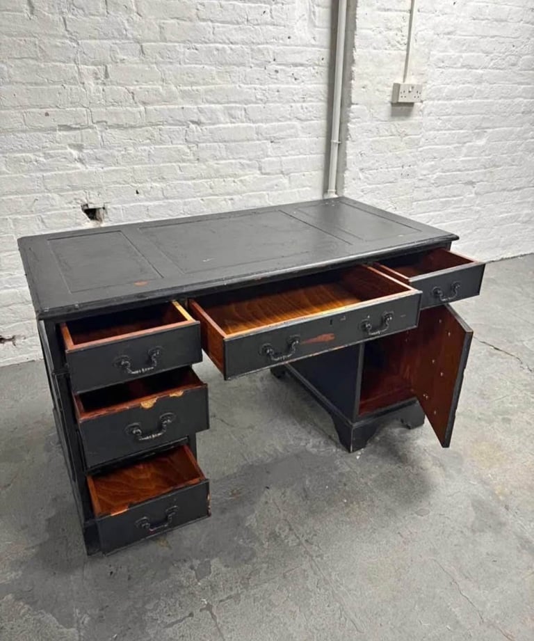 Antique vintage bankers desk brown black industrial drawers
