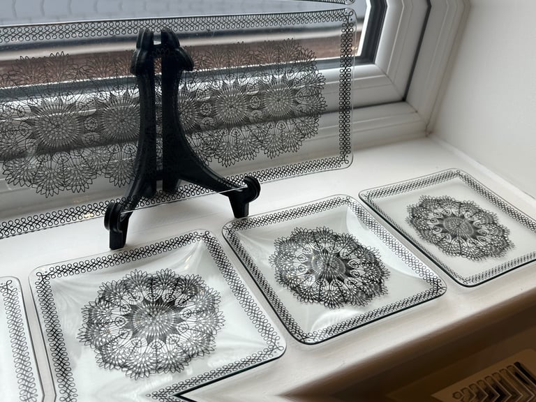 Vintage Chance Bothers Black Glass Rectangular Dish with 'Lace' Design Early 1950s