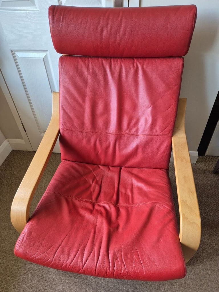 image for Beautiful POÄNG Armchair in Oak veneer and red leather in excellent condition