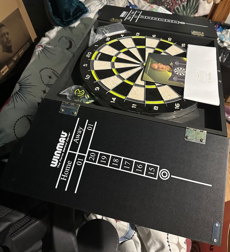 (Brand New) WINMAU Michael Van Gerwen MVG Dartboard With Cabinet, Darts and Accessories