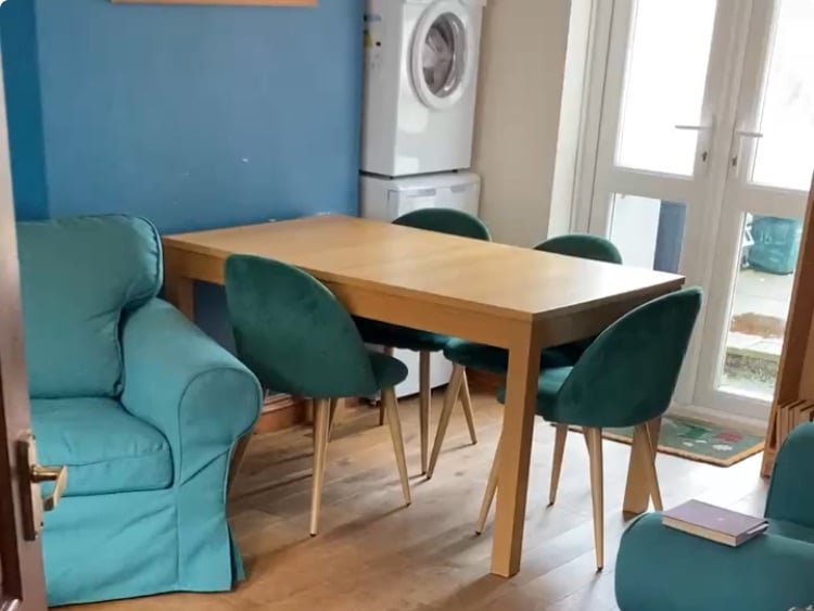 Oak Dining Table and Set of 4 Velvet Chairs