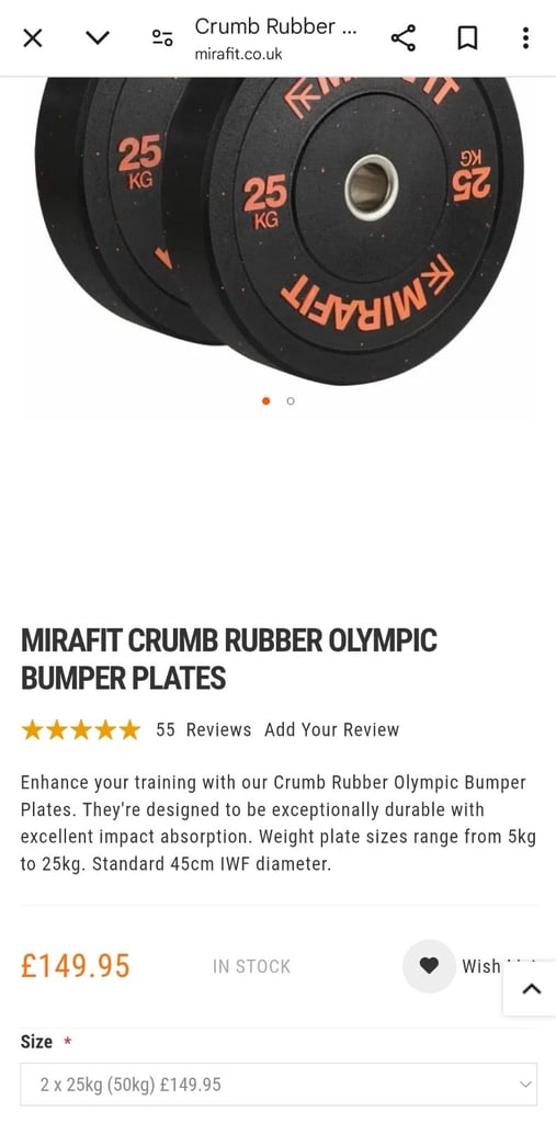 Brand new Mirafit 2x 25kg crumb rubber olympic bumper weight plates RRP £150