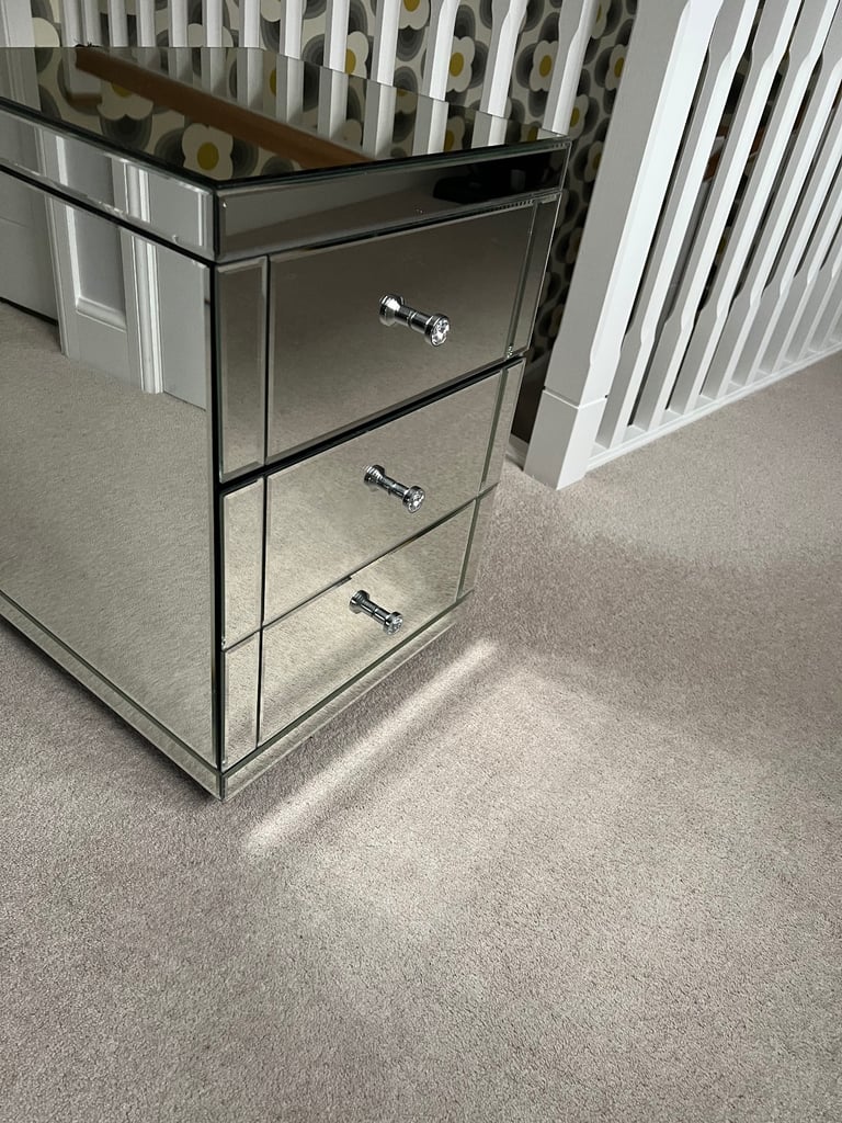 Pair 3 drawer mirrored bedside table drawers
