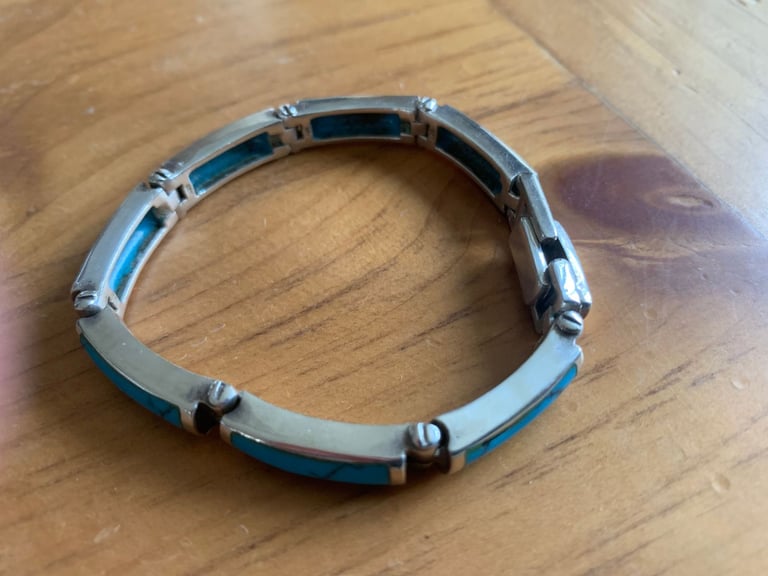 Vintage Mexican Sterling Silver Bracelet with Turquoise Inlay