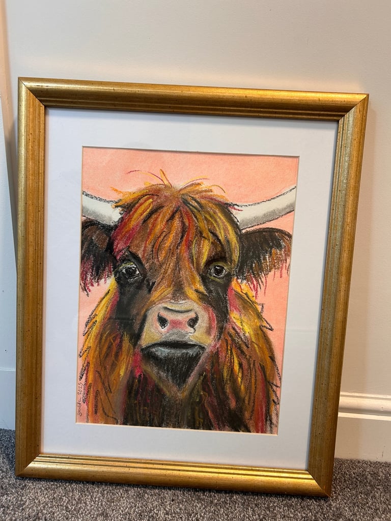 Original Highland cow painting  - Framed , mounted and signed