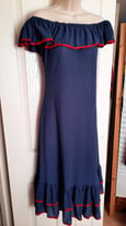 Ladies VINTAGE Blue Off Shoulder Evening Dress Ruffles Bardot Style 1970s SMALL