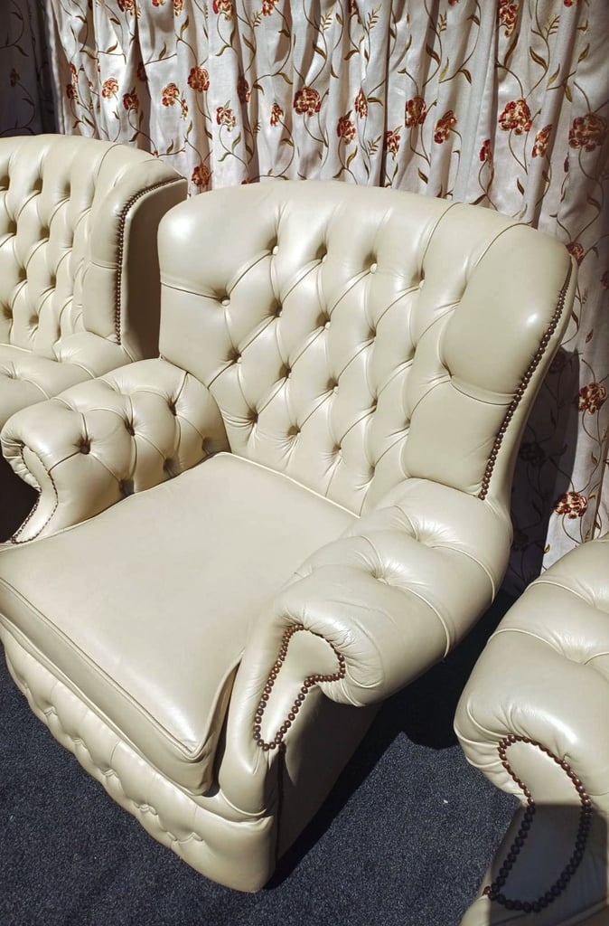 Beige Chesterfield 3 seater sofa and 2 armchairs