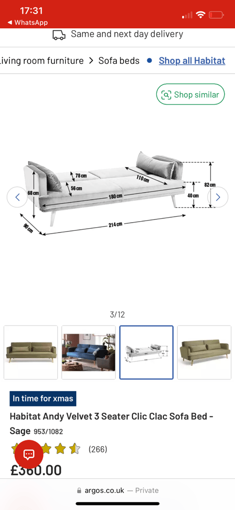 Habitat Velvet-feel 3 Seater Clic Clac Sofa Bed