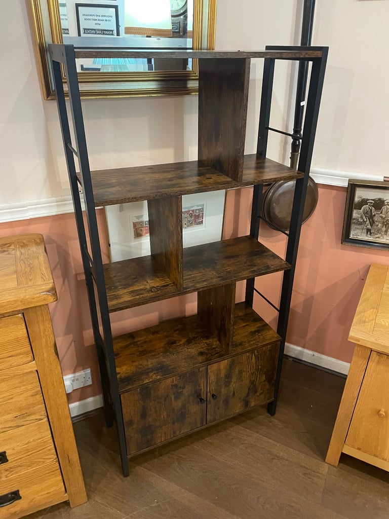 Shelving & cupboard unit in wood and black iron, very attractive vgc