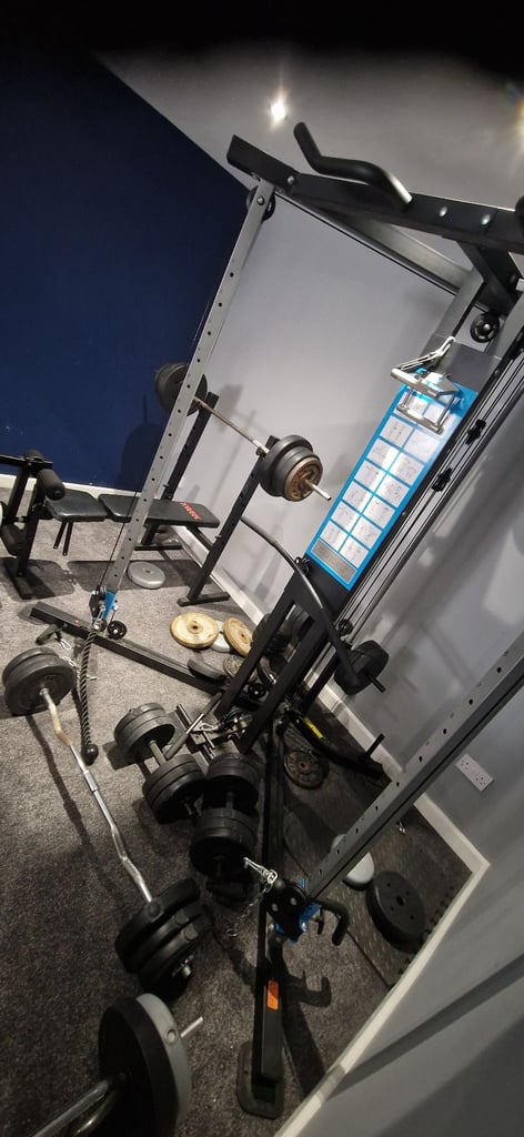 Mens health cable crossover, incline weight bench, triceps bar, ez bar dumbells and 200kg of weights