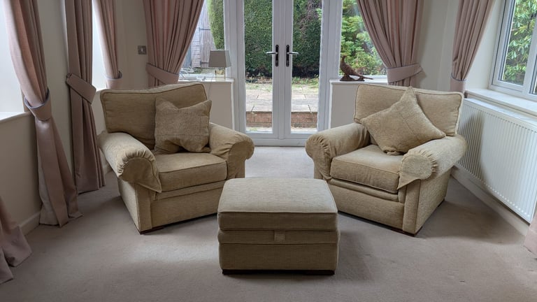 John Lewis Beige Armchairs with Pouffe