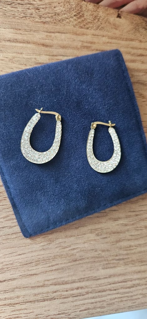 image for Real gold diamante horse shoe hoop earrings