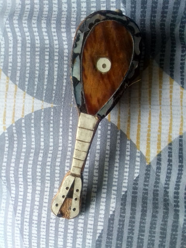 Vintage very collectable miniature wooden guitar with mother of pearl inlay 