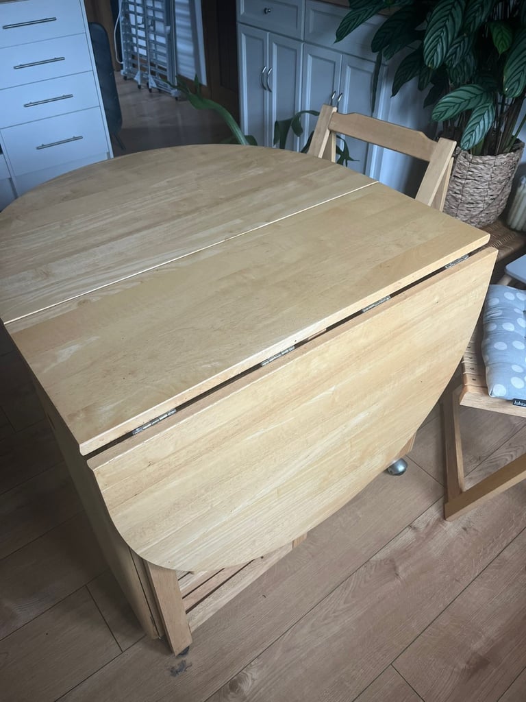  Folding Dining Table & 4 Chairs Set – Compact Wooden Drop Leaf on Wheels